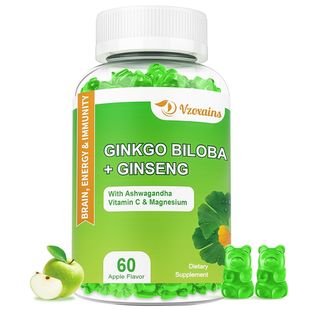 240MG Ginkgo Biloba Gummies cu ginseng şi magneziu, Ginko Biloba Suplimente Gummie pentru concentrarea creierului, Mood şi Memorie pentru adulţi, 60 Cts