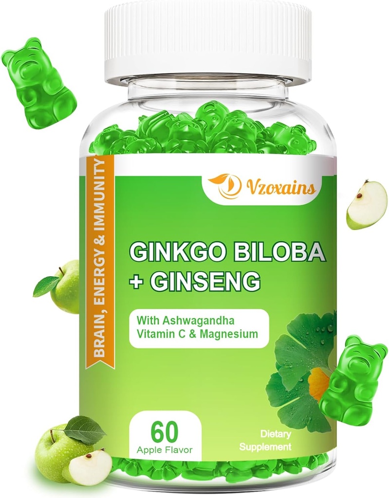 240MG Ginkgo Biloba Gummies cu ginseng şi magneziu, Ginko Biloba Suplimente Gummie pentru concentrarea creierului, Mood şi Memorie pentru adulţi, 60 Cts