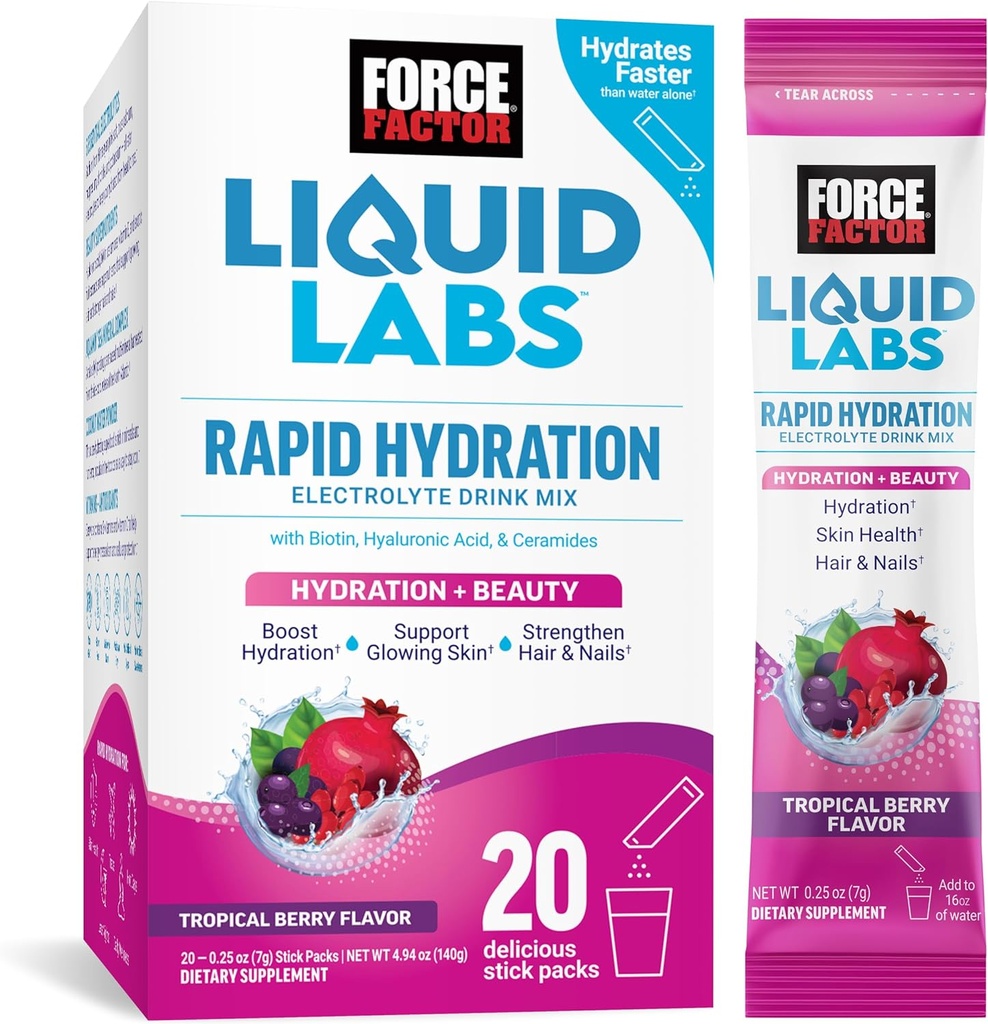 Force Factor Labs Beauty, Hidratare Packet pentru parul mai puternic, piele & unghii. Electroliţi pulbere cu acid hialuronic, biotin şi Ceramide. Aromă tropicală Berry, 20 Stick Packs