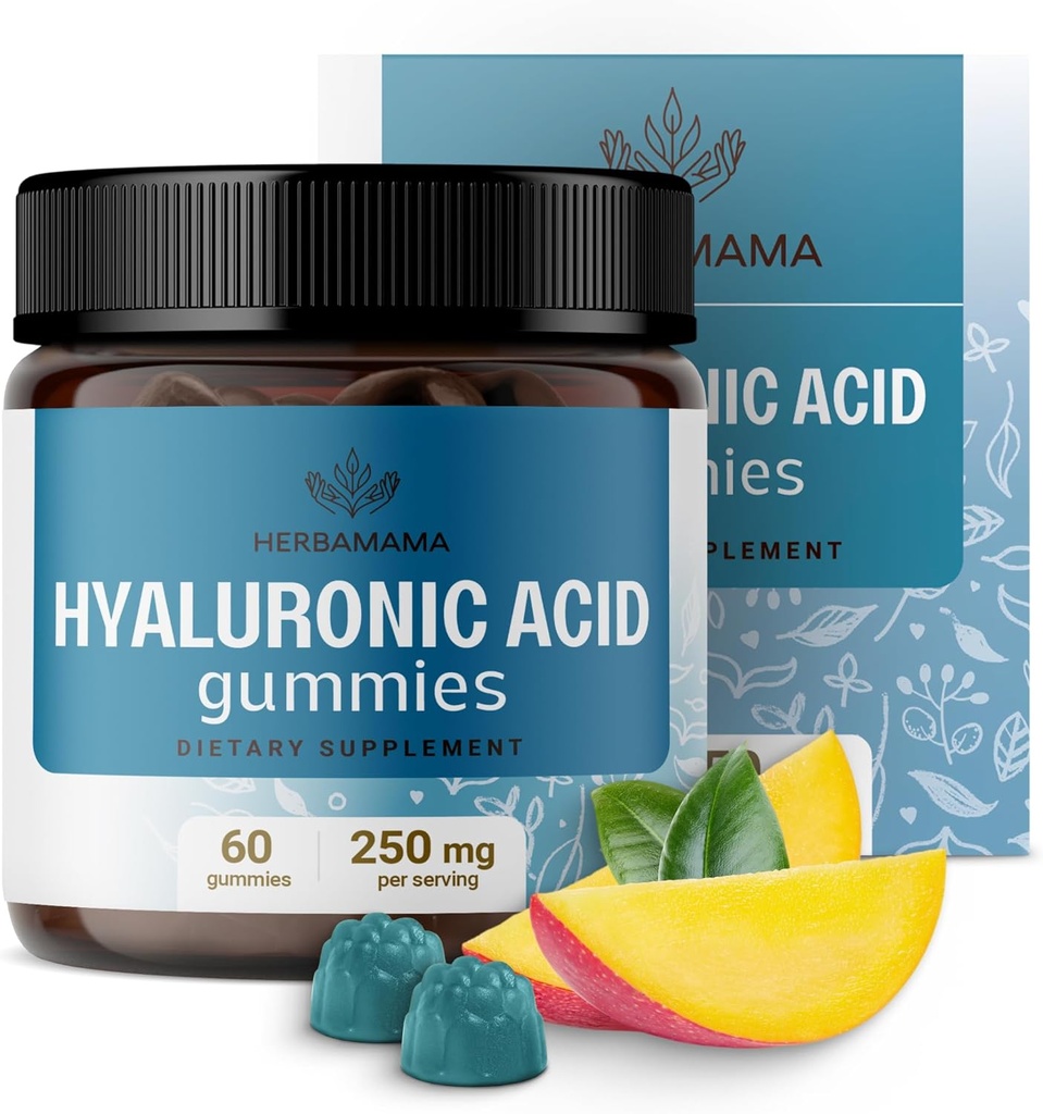 HERBAMAMA Acid hialuronic Gumies - 250 mg Acid hialuronic pur pentru păr, Skin & Nails Support - Vegan, Non-GMO Skin Elasticity Supplement - 60 Pectin-Based Mango-Flavored Chews