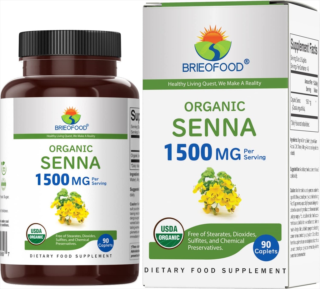 Brieofood Organic Senna 1500mg, 45 Servings, Vegetarian, Gluten Free, 90 comprimate vegetariane