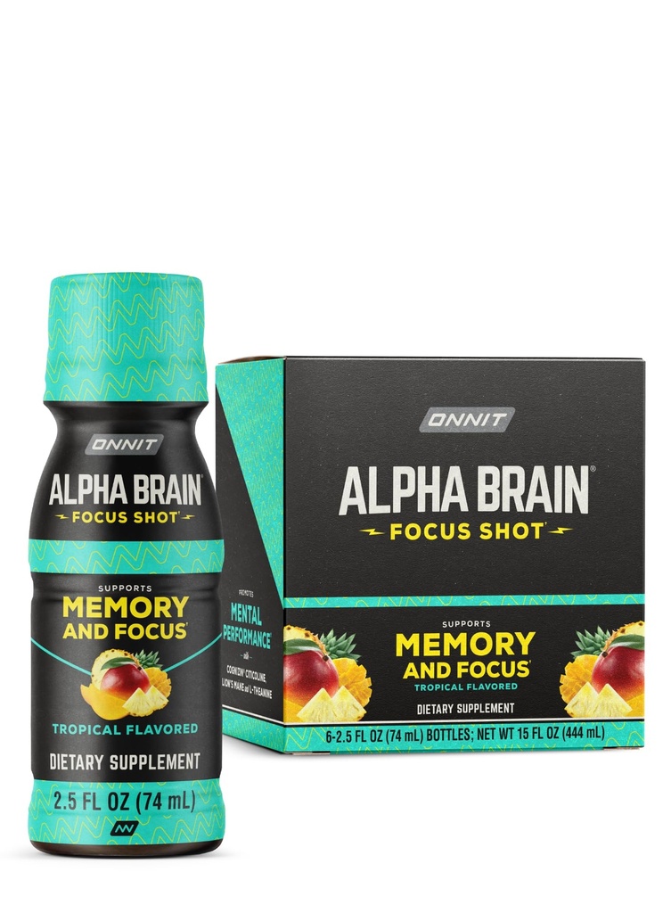 ONIT Alpha Brain Focus Shot, Tropical Flavor, Nootropic Dietary Supplement Drink that Supports Energy, Focus, and Mood, IGENTM Non-GMO testat, 2.5 fl oz, 6 Count