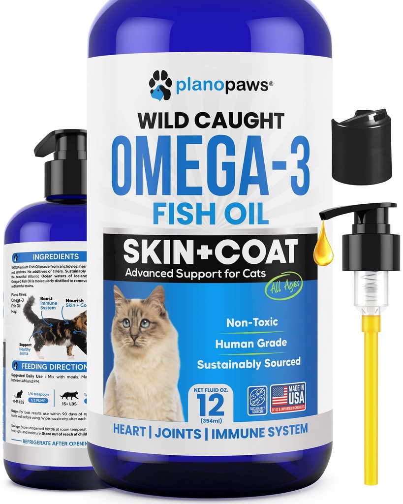Omega 3 ulei de pește pentru pisici - mai bine decât uleiul de somon - vitamine și suplimente pentru pisici - Tratamentul mătreață de pisică - ulei de pește lichid pentru animale de companie - Suport pentru topire - Produse de sănătate pentru pisici pentru toate vârstele