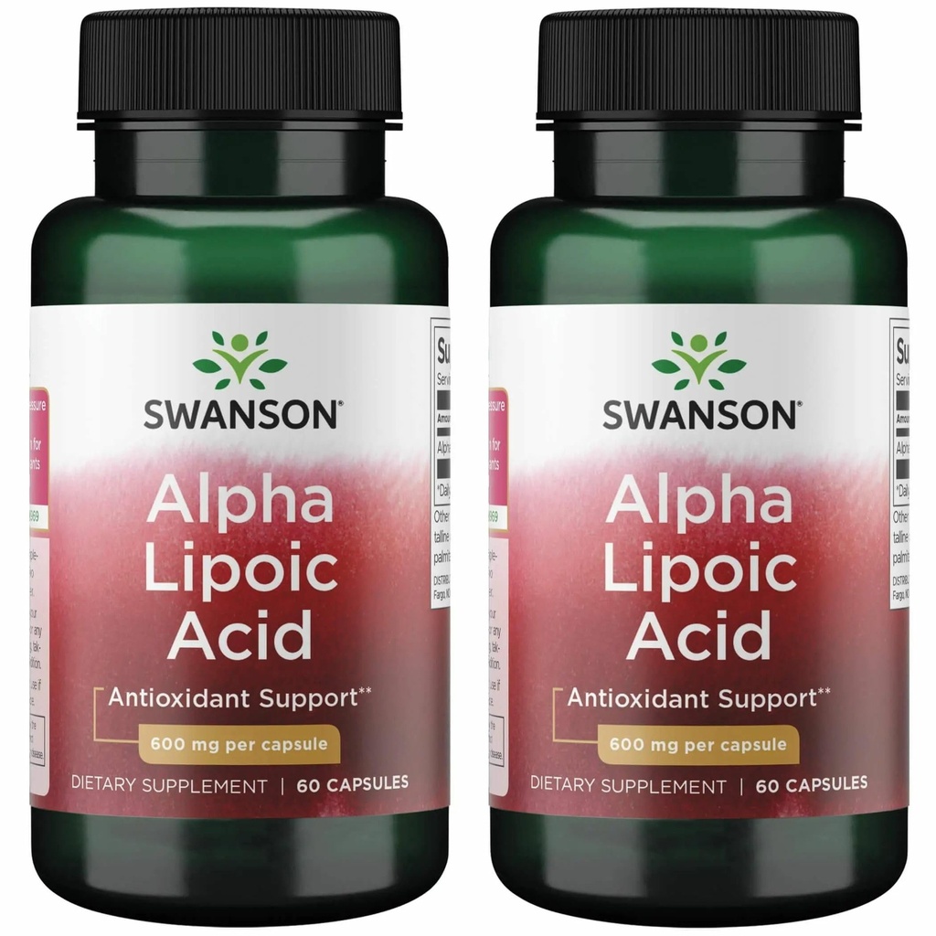 Swanson Alpha Acid lipoic - Supliment natural de susținere a nivelului de tensiune sanguină sănătoasă deja în limite normale - Promovează metabolizarea carbohidraților - (60 capsule, 600 mg fiecare) (2 ambalaj)