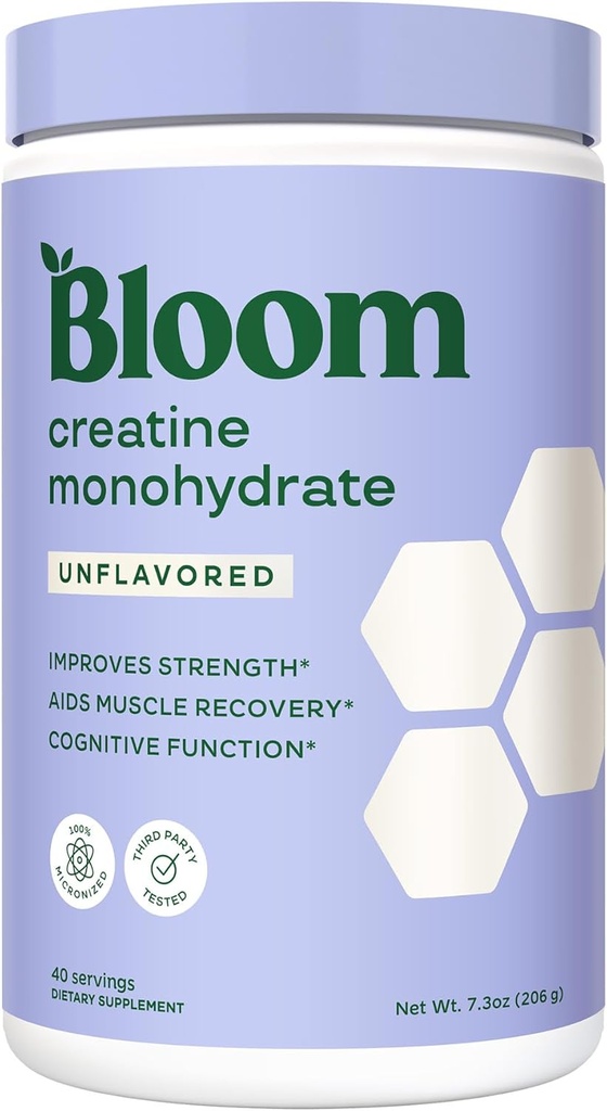 Bloom Nutriție Creatină Pulbere monohidrat, 5g Micronizat Creatină per Serving, Sprijină Recuperare musculară, Putere, Rezistență, Pre sau Post Antrenament, Gluten gratuit, Non OMG, Nearomat, 40 SVG, 7.3 oz