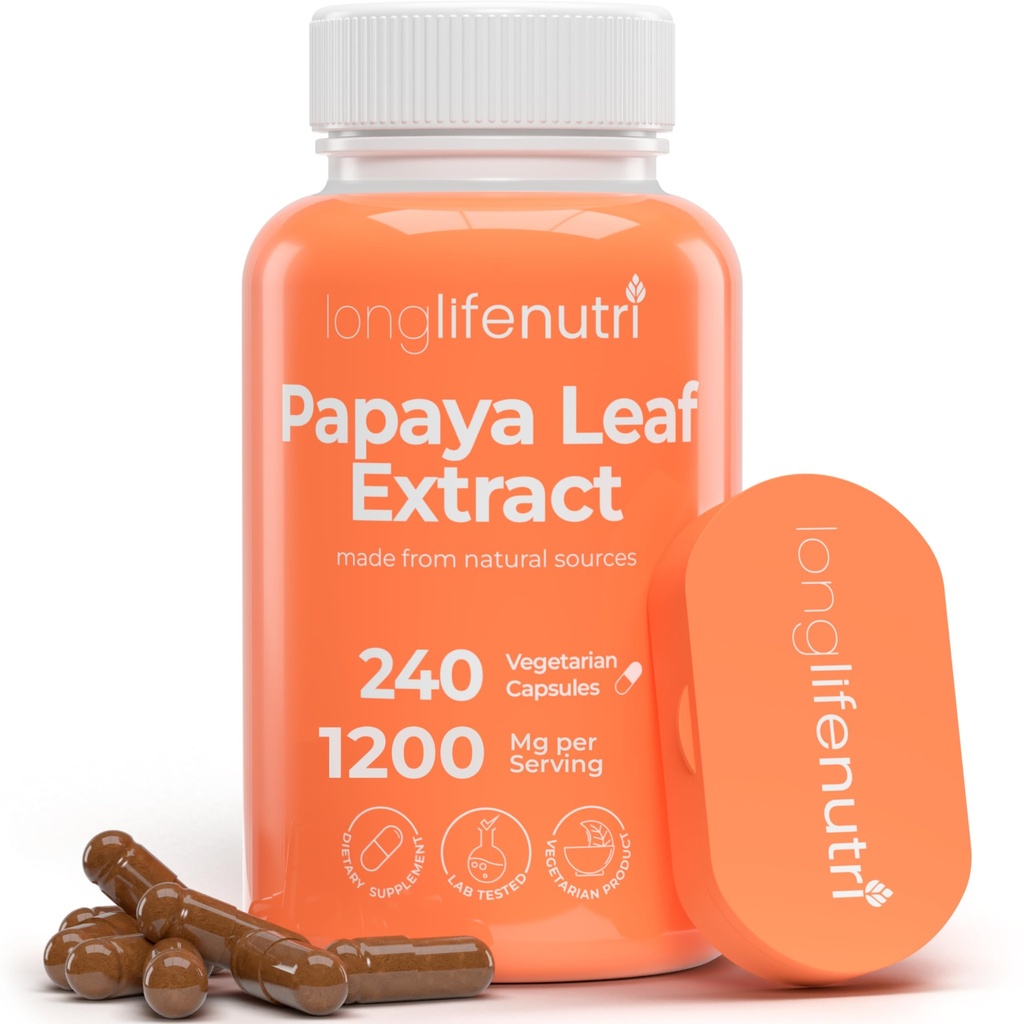 LongLifeNutri Papaya Leaf Extract Supliment 1200 mg pe Servire - 240 Capsule vegetariene, 4 Month Supply, de la Carica Papaya pentru Daily Wellness, GMP Certified, Made in USA