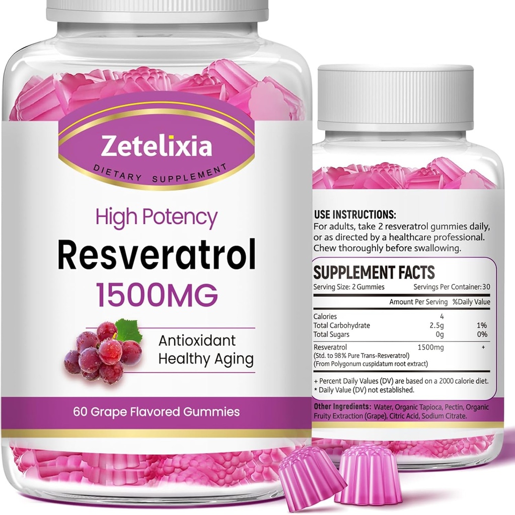 Sugar Resveratrol Gumries - supliment Resveratrol de înaltă puritate pentru antioxidant, imbatranire sanatoasa, piele, creier, Organic - 120 gume