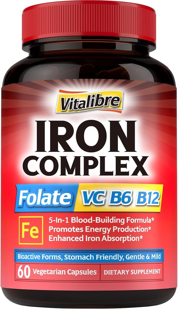 Supliment Complex de Fier 60 Capsule & 6 în 1 Supliment Complex de magneziu 120 Capsule, Non-GMO, Gluten gratuit