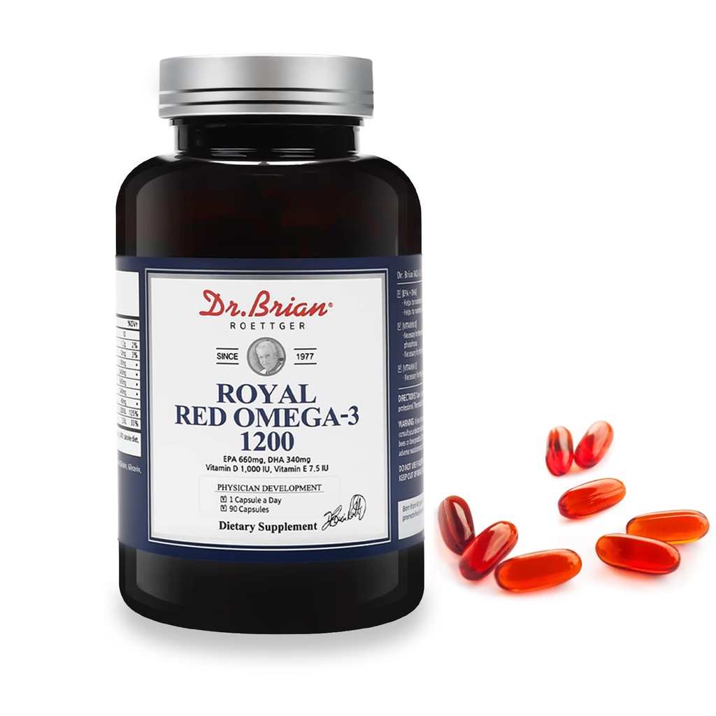 Dr. Brian Royal Red Omega 3 1200, supliment de ulei de pește cu EPA și DHA Omega3 ulei de pește conține vitamina D,E Omega-3 suport pentru sănătate fizică - 90 Geluri moi