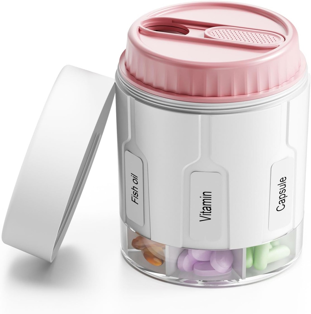 Daviky Pill Organizator, Organizator Supliment cu 7 Compartimente mari, Pilula de călătorie Dispenser rotund cutie de pastile cu două Lids (Pink
