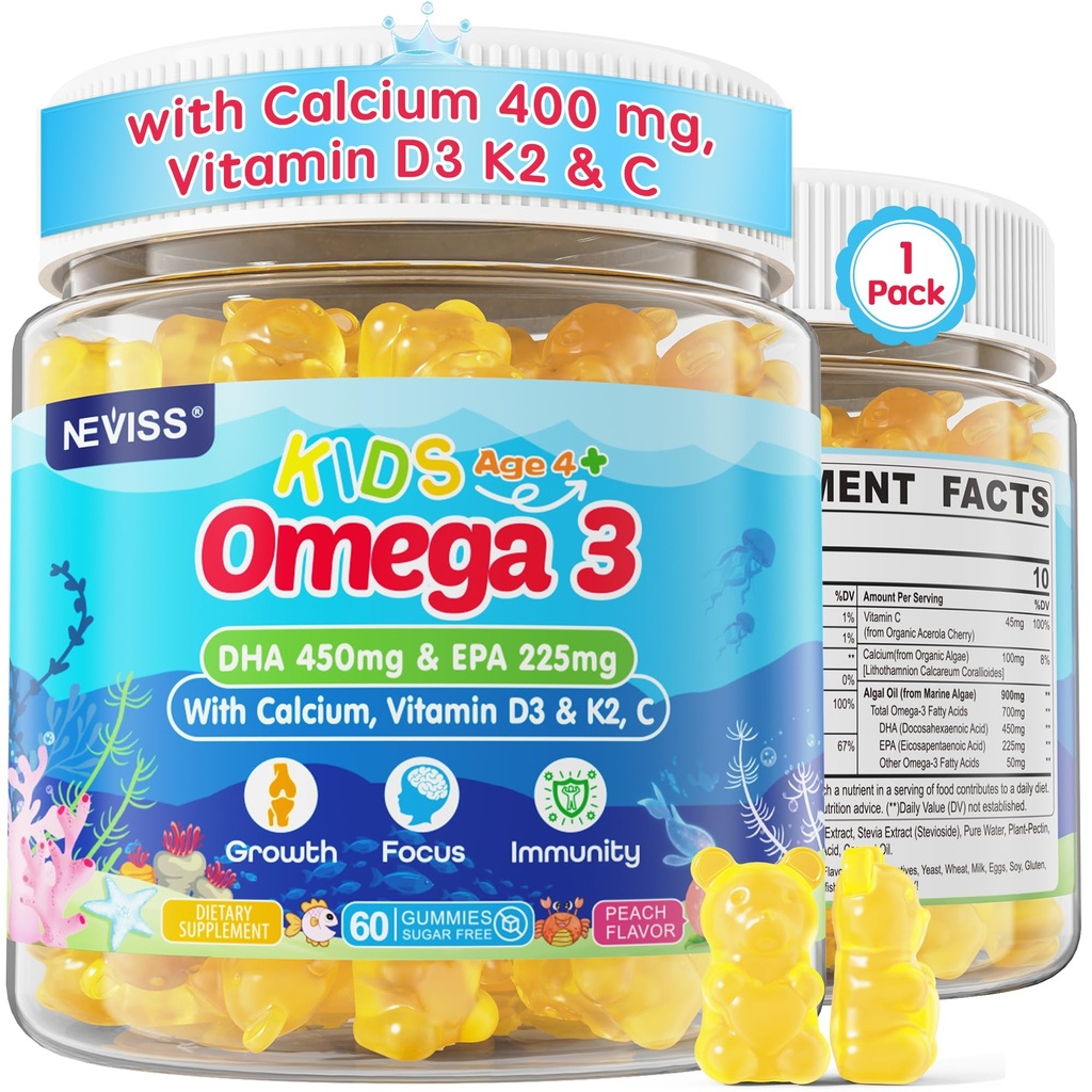Copii Omega 3 Gumete + Calciu 400mg + Vitamina D3 K2 + C, Omega-3 DHA & Supliment EPA - Fără Burps de pește, fără zahăr - Copii și adolescenți Om