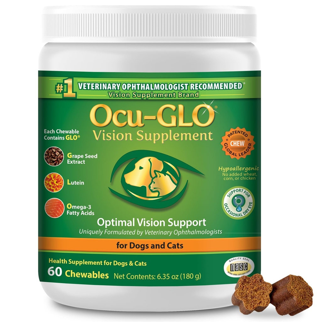 Ocu-GLO Cat & Dog Suplimentul Senior pentru Suportul Ochi - Viziune masticabile Suplimente Vitamine pentru animale de companie mari și mici Care cu luteina, Omega-3 Acidi grași, extract de semințe de struguri și antioxidanți