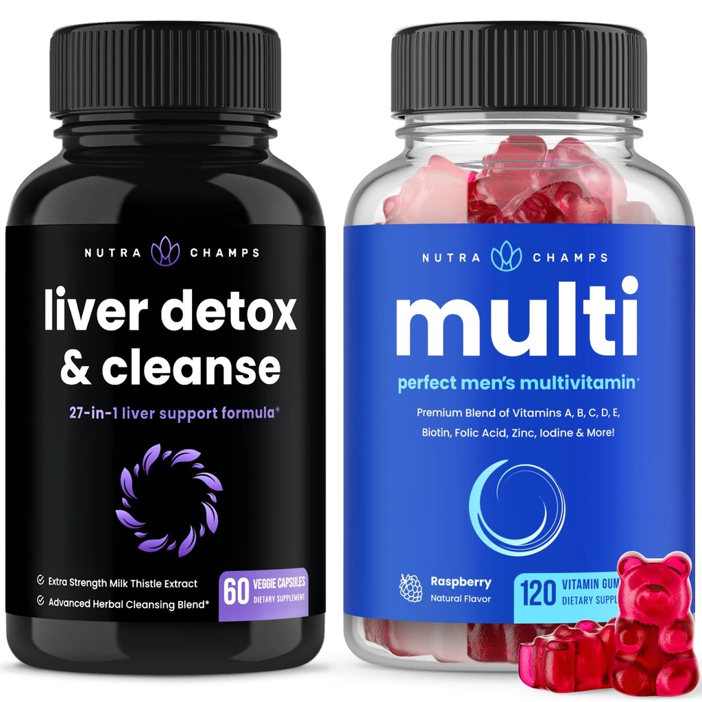 NutraChamps Ficat Cleanse Detox Capsule și (2-Pack) Multivitamine masculine Gummies Bundle