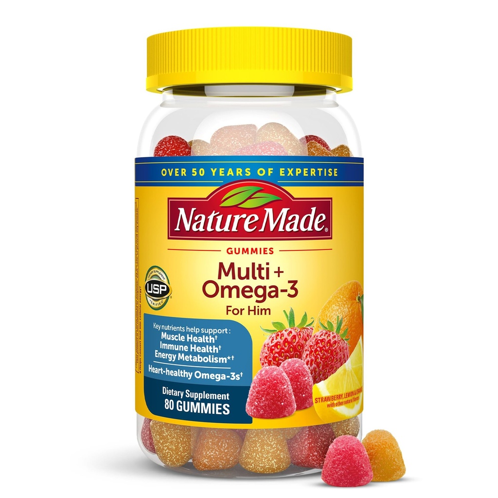 Nature Made Mens Multivitamine Gummies cu Omega-3, Mens Gummy Multivitamine pentru Daily Nutritional Support, 80 Gummy Vitamine si Minerale, 40 zile de aprovizionare