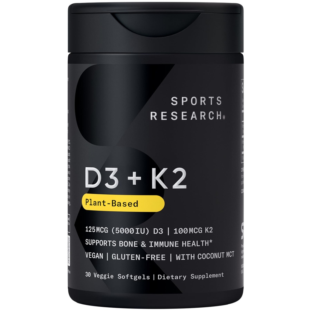 Cercetare sportivă Vitamina Vegan D3 + K2 Supliment cu ulei de cocos organic - 5000iu Vitamina D cu 100mcg Mk7 Vitamina K - Suporturi Calciu pentru Oase mai puternice și Sănătate Imunală - 30 Softgels pentru adulți