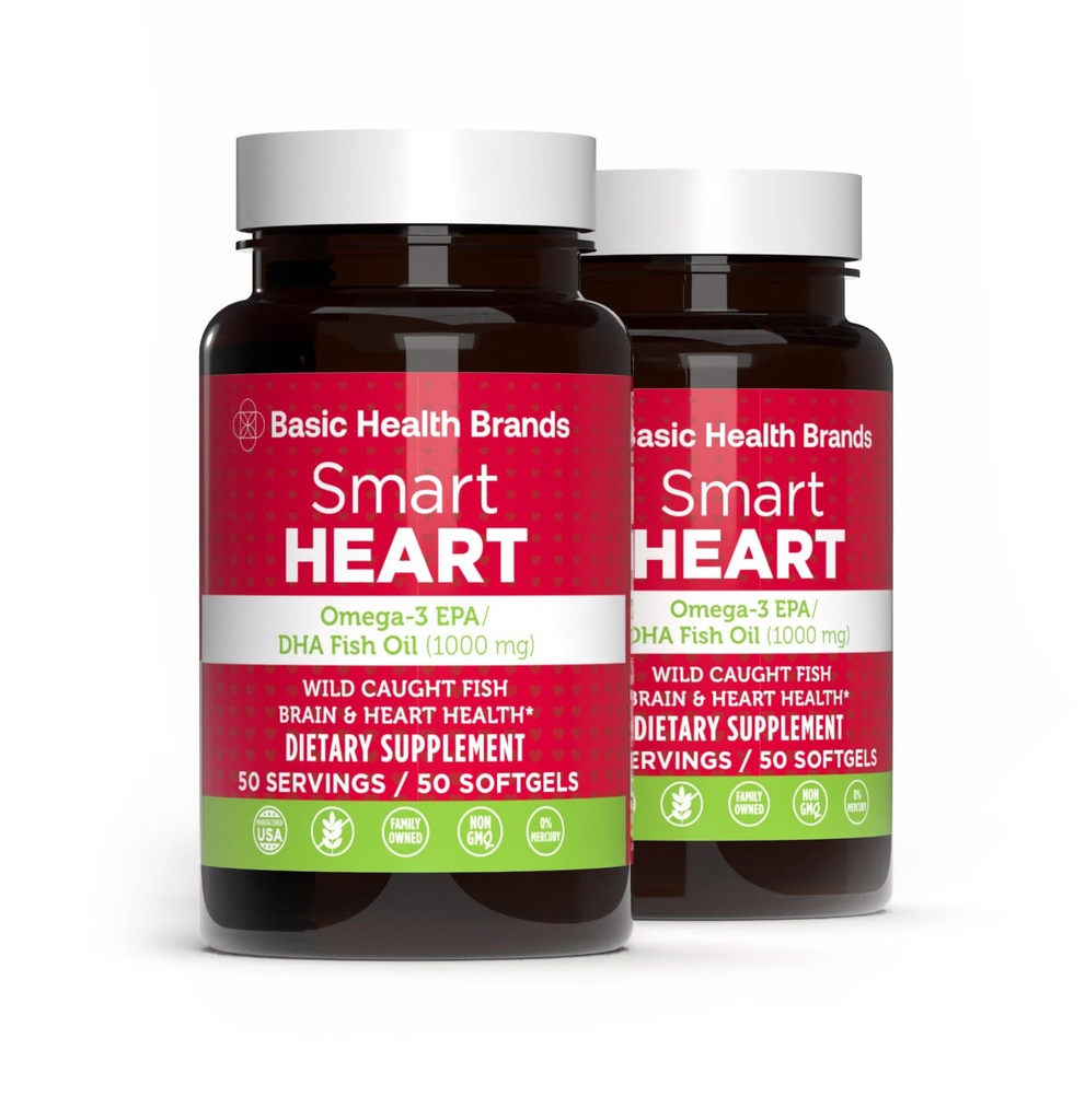 Branduri de bază Smart Heart Omega-3 Ulei de pește 1000mg - Triple Putere EPA & DHA, Non-GMO, Inima & Cognitive Suport - 50 Burpless Softgels - 2-Pack