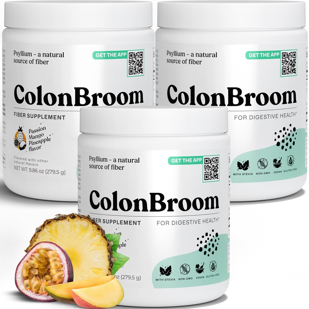 ColonBroom Psyllium Husk Powder cu Stevia (Fructe Tropicale) - Colon Cleanse pentru Bloating Relief & Gut Health - Colon Broom Fiber Powder Drink - Vegan Fiber Powder Stevia Supliment, 150 Serviri