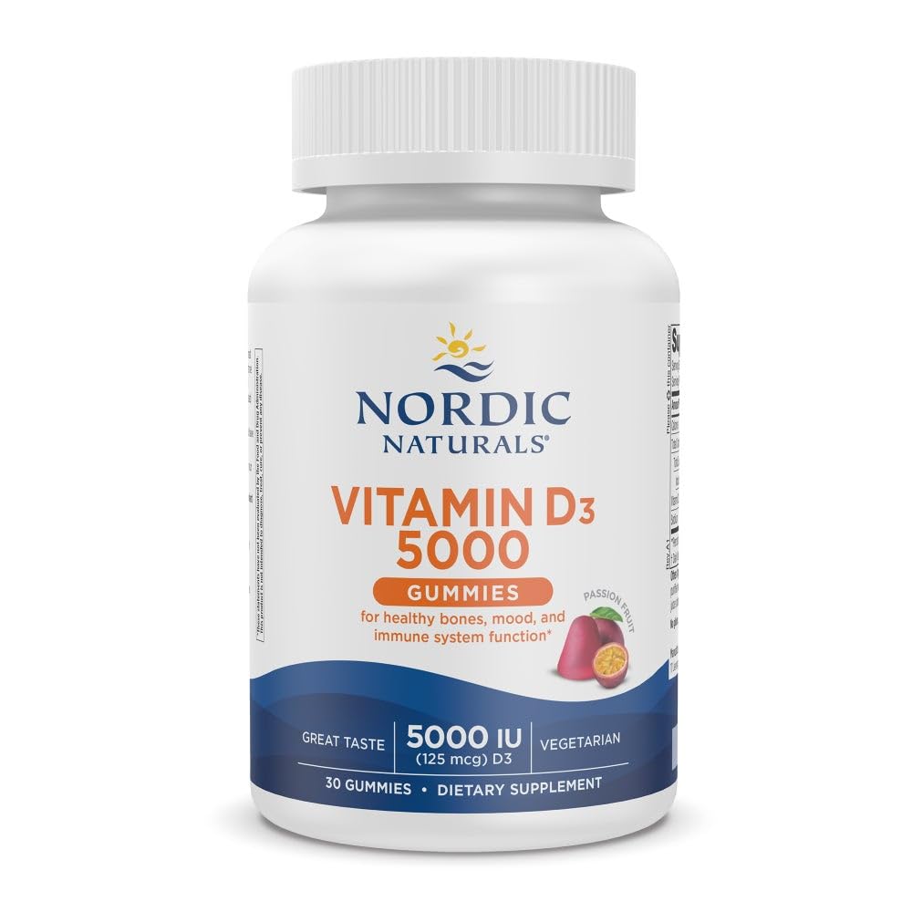 Nordic Naturals Vitamina D3 5000 Gume, Passion Fruit - 30 Gummies - Sprijin pentru oase sănătoase, Mood, & Immune System - Vegetarian - Non-GMO - 30 Servings