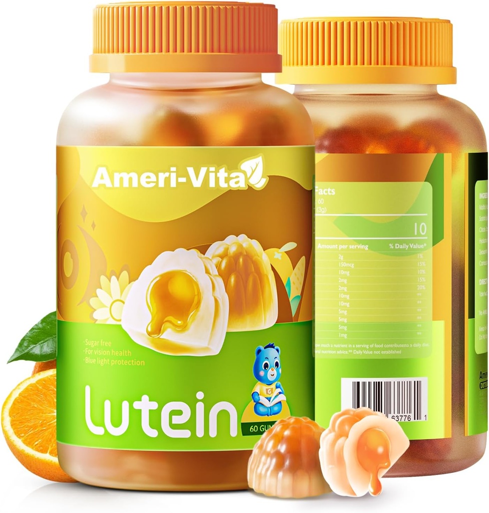 Zahăr gratuit Lutein 5mg Gume pentru ochi Sănătate: cu 1mg Zeaxantină, Lutein Suplimente vitamine ochi umplute Gummies Lutein Supliment pentru viziune și protecție albastru lumină,Orange Flavor, 60 Conte