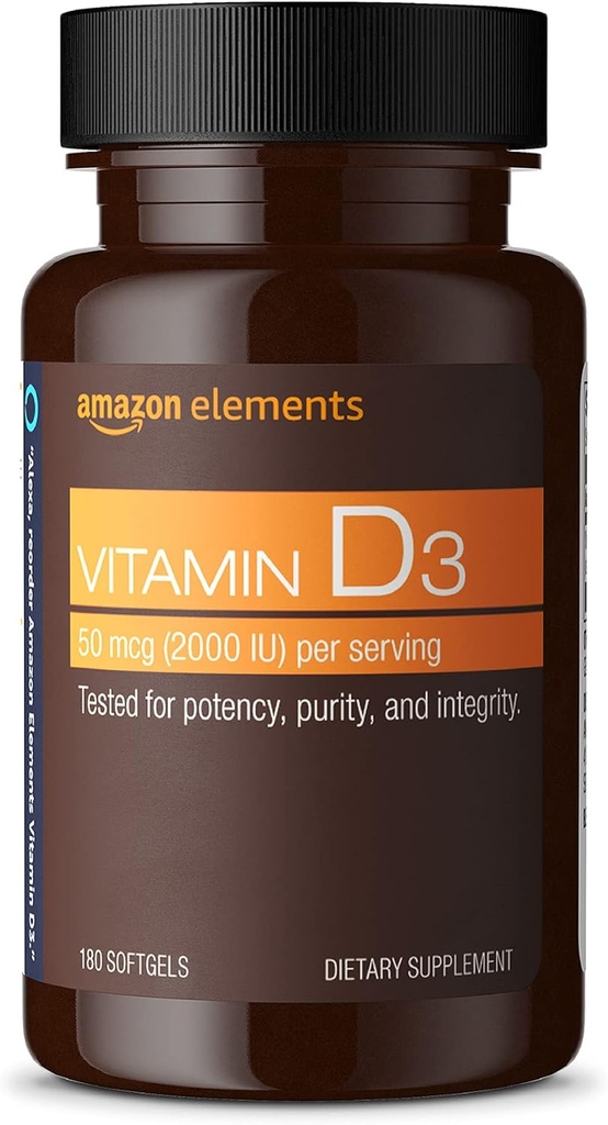 Elemente Vitamina D3, 2000 UI, 180 Softgels, 6 luni de aprovizionare (Pachetul poate varia), sprijină oasele puternice și sănătatea imună