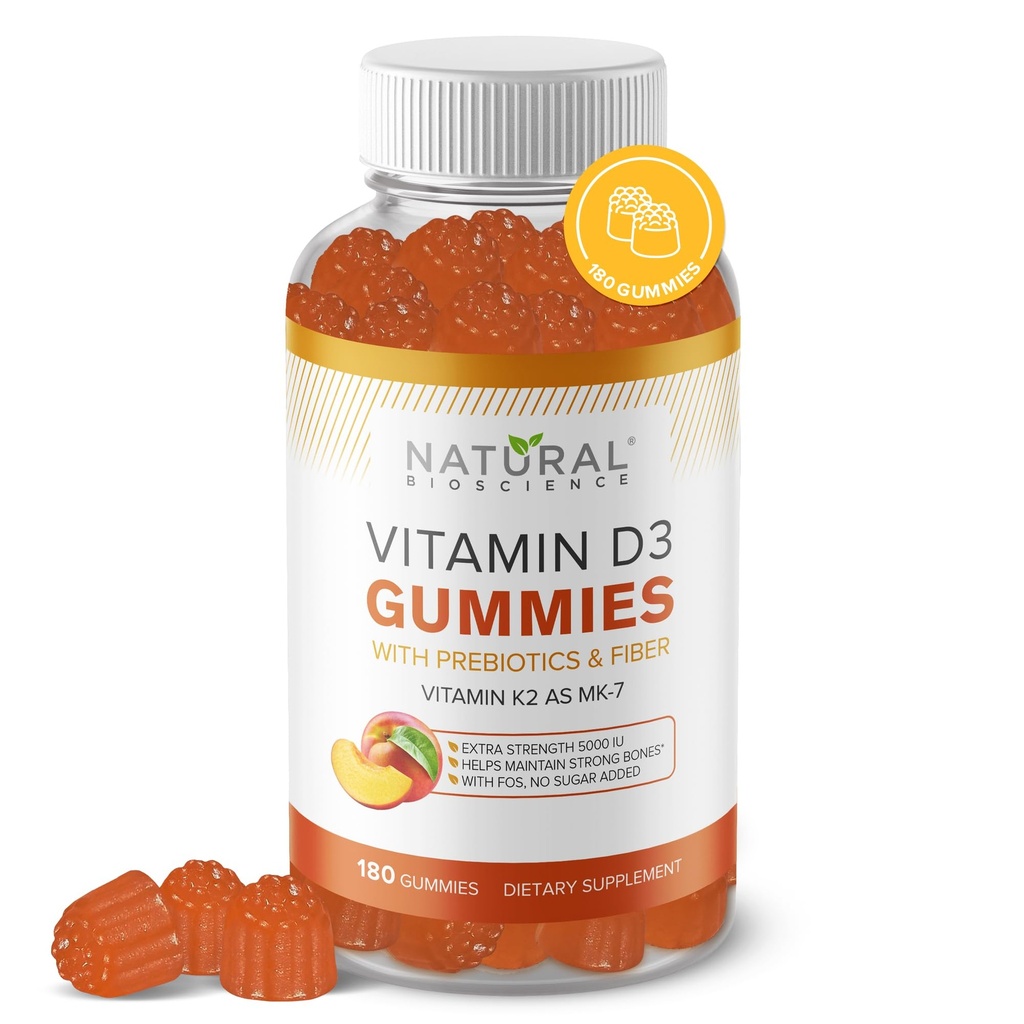 Vitamina D3 K2 fără zahăr - Vitamina D3 Gumies 5000 UI+K2 MK7 80 mcg, K2 D3 Suplimentul de vitamine Adulți, vitamina D K2 pentru oase, imune, inimă, mood, gluten-free, non-GMO, aromă naturală de piersici