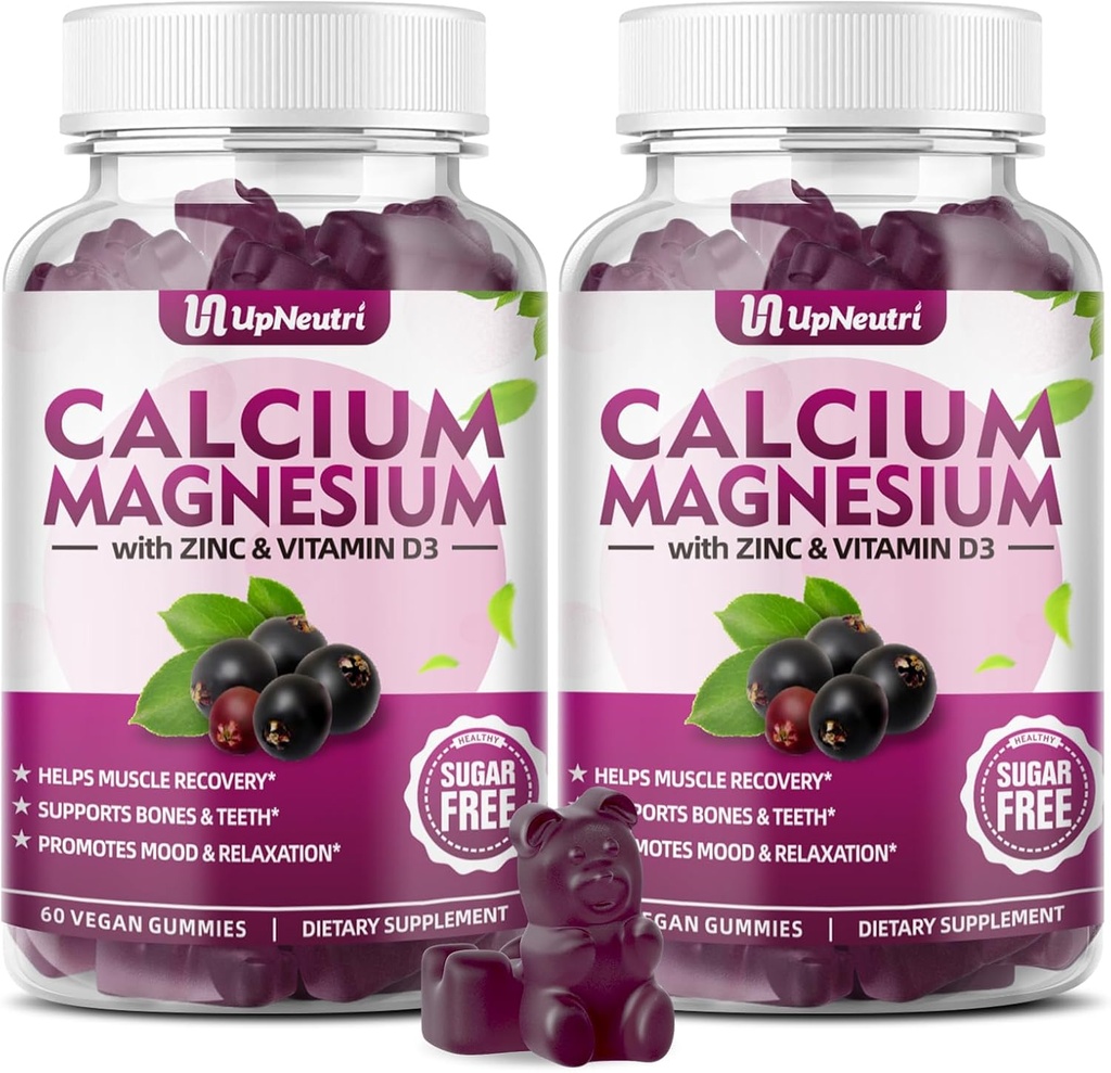 Zinc de calciu de magneziu cu vitamina D3 Supliment, Gume de calciu fără zahăr pentru bărbați, Gume de zinc de înaltă absorbție pentru Bone & Muscle & Immune Health, aroma Vegan Elderberry - 120 Conte
