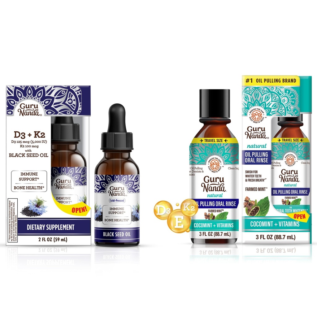 Ulei de semințe de guruNanda negru 5000 UI vitamina D3, K2 & E + ulei de cocos cu uleiuri esențiale Vitamina D3, E, K2 pentru suport imun, Igienă orală