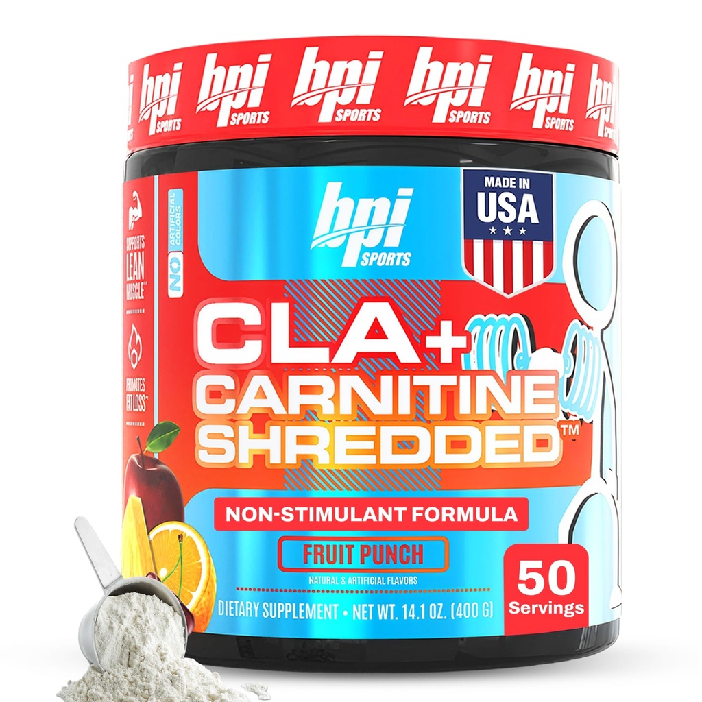 BPI Sports CLA + Carnitina Shreded - Conversia celulelor grase în energie și susține Lean Muscle, Boost Metabolism - supliment L-Carnitina non-stimulant - Punch de fructe (14.1 oz. / 50 Serviri)