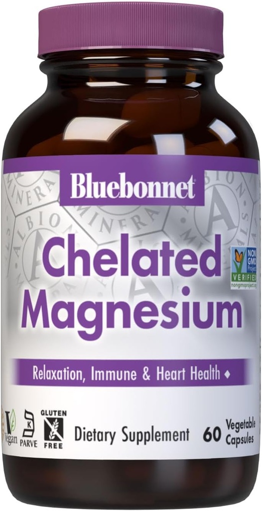 Bluebonnet Nutrition Albion Capsule vegetale de magneziu Chelated, 200 mg, Stres Relief, Vegan, Non OMG, Gluten Free, Soy Free, Milk Free, Kosher, 60 Capsule vegetale, 1 lună de aprovizionare