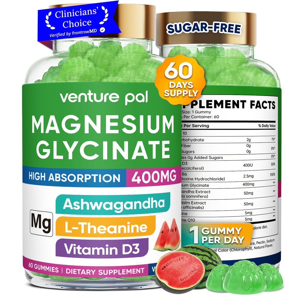 60 zi de aprovizionare Magneziu Glicinat 400mg Gume cu Ashwagandha, L-Teanină, CoQ10, Vitamina D3 & B6, Gume de magneziu gratuite de zahăr pentru adulți și copii, ajutor de stres, somn & calm, Vegan, gluten gratuit
