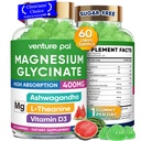 60 zi de aprovizionare Magneziu Glicinat 400mg Gume cu Ashwagandha, L-Teanină, CoQ10, Vitamina D3 & B6, Gume de magneziu gratuite de zahăr pentru adulți și copii, ajutor de stres, somn & calm, Vegan, gluten gratuit