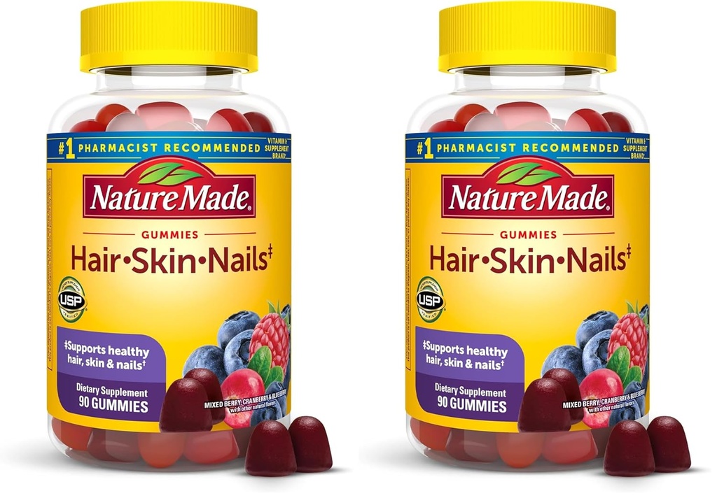 Natura Made Hair Piele şi unghii cu Biotin 2500 mcg, Supliment alimentar pentru par sanatos, Skin & Nails Support, 90 Gummies, 45 zile de aprovizionare (Pachet de 2)