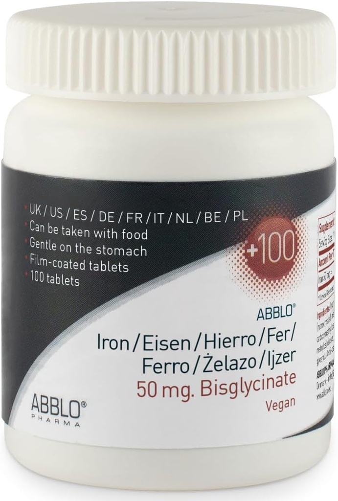 50mg. BISGLICINATE de fier (100 Unităţi) ABBLO este blând pe Stomac & Poate fi luat cu alimente.