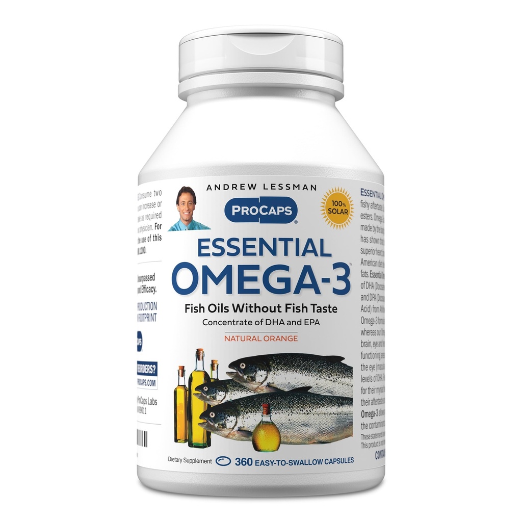 ANDREW LESSMAN Essential Omega-3 Orange - 360 Softgels - Ultra-pure, ulei Omega-3 de mare potenta. High DHA, fără probleme cu stomacul, fără contaminări, fără mercur. Small Easy to Swallow Softgels