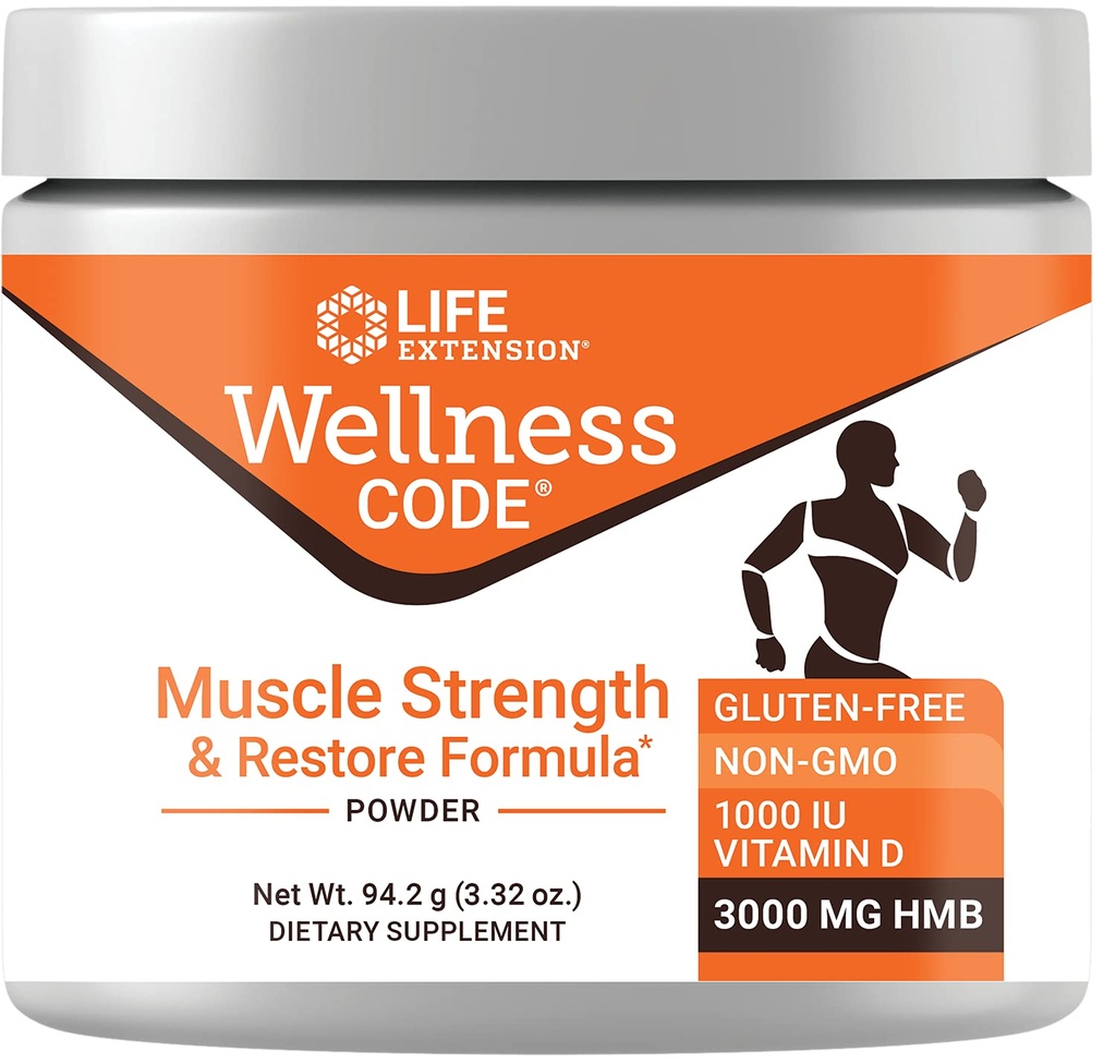 Extensie de viaţă Wellness Code® Forţă musculară & Restore Formula, Vitamina D3, ß-Hidroxi-ß-Metilbutirat Monohidrat (HMB), Sănătate musculară, gluten gratuit, non-GMO, 94.2 g