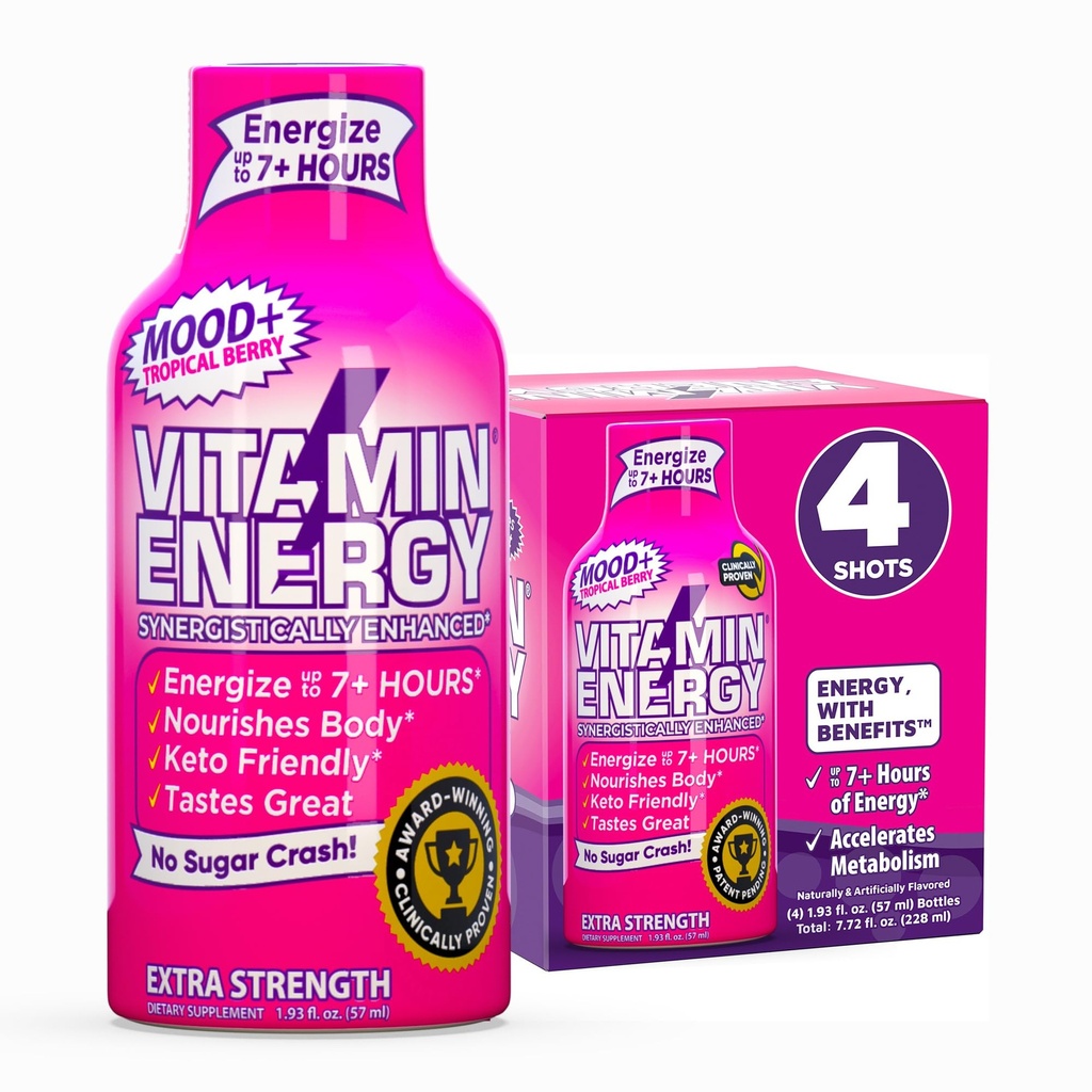 Vitamina energie Mood+ Extra Putere Energie Shot Tropical Berry 4 Pack, 260mg Natural Cafeina, B-Vitamina, Rhodiola, Mușețel, Mood & Energy Support, Zero Zahăr, Gluten-Free, Vegan, 1.93 fl oz