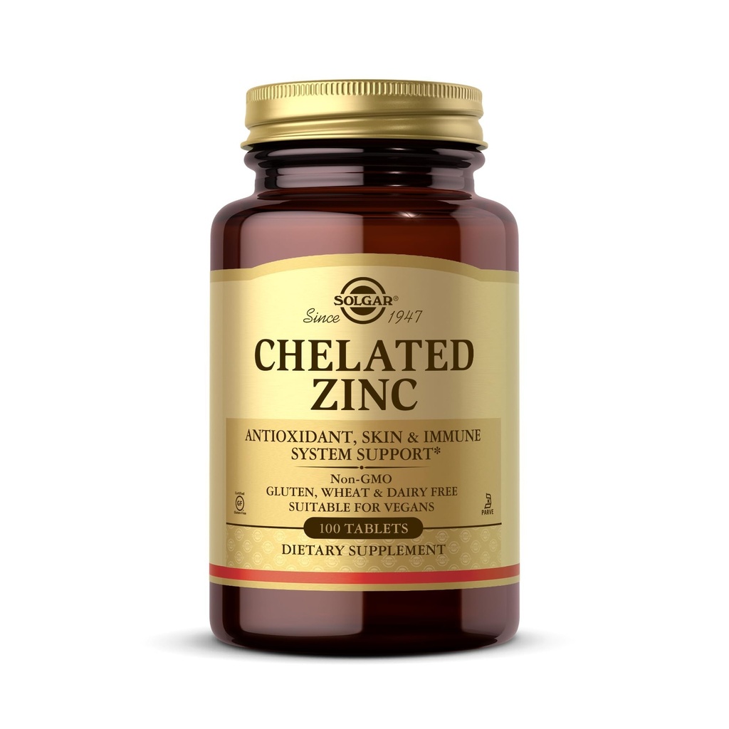 Solgar Chelated Zinc, 100 comprimate - Zinc pentru pielea sanatoasa - Sustine cresterea celulelor si formarea ADN-ului - Exerseaza activitate antioxidanta - Sprijina un sistem imunitar sanatos - non OMG, gluten gratuit - 100 Serviri