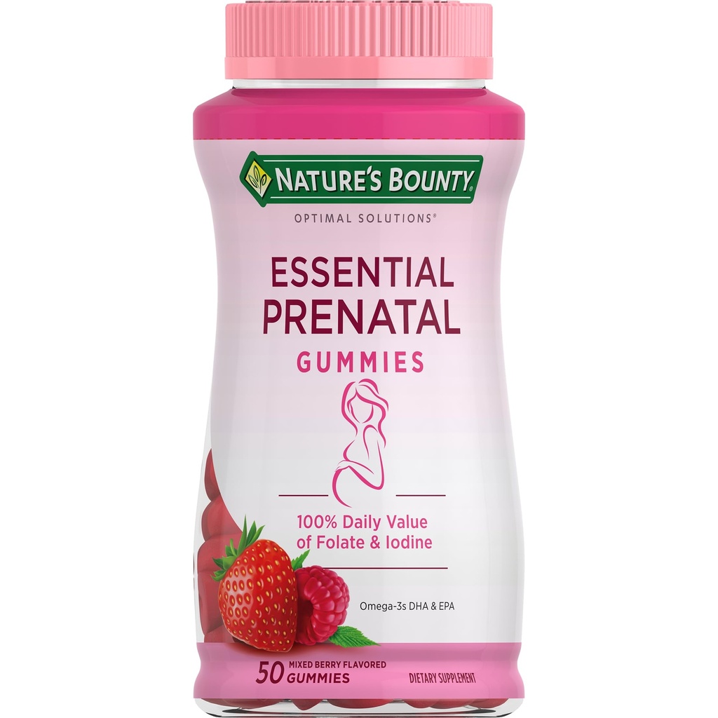 Solutii Optimale de Bounty Naturale Gume prenatale esentiale, Acid folic si iod, Omega 3 si DHA, 50 Conte, 25 Serviri totale