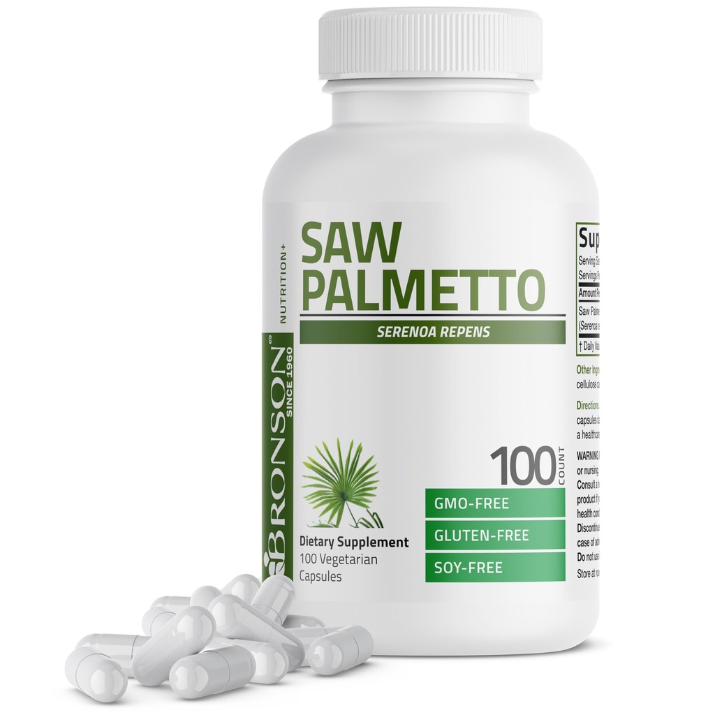 Bronson Saw Palmetto Extra Forta suporta functie de prostata sanatoasa si suport de sanatate urinara - non OMG, 100 Capsule vegetariene