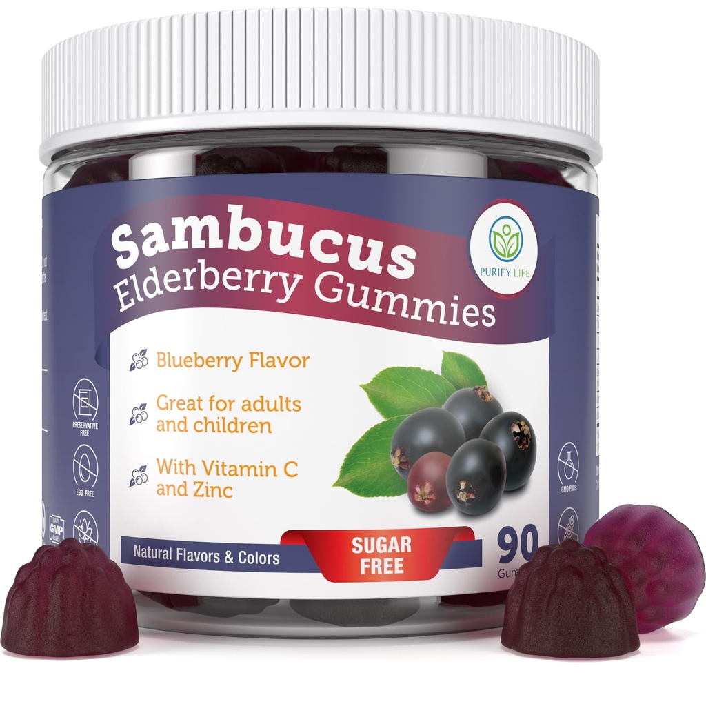 Purifica viata gumiile cu elderberry fără zahăr cu vitamina C & Zinc pentru adulți și copii, Immune Supplement pentru sănătatea respiratorie, Sambucus Elderberry Antioxidant Gummies - Vegan, 90 Conte