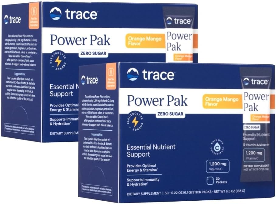 Trace Minerale Putere Pak Multivitamine si Pachete Multiminerale - Suport Electrolit - 1200 mg Vitamina C plus 70+ Minerale Trace - Sugar Free - Orange Mango Flavor - 60 Pachete