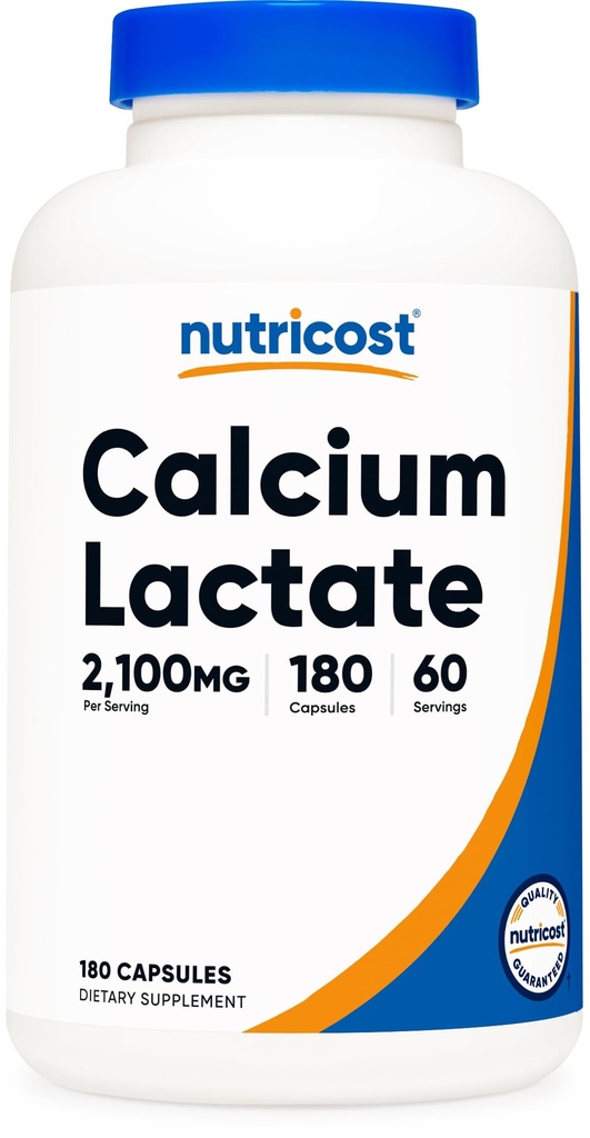Lactat de calciu Nutricost 2,100 mg; 180 capsule - Vegan, non-OMG și gluten gratuit, 60 Serviri