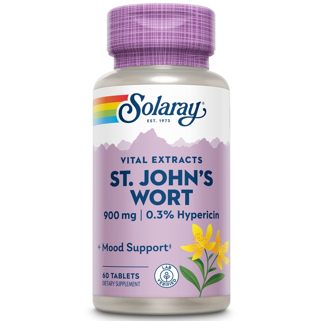 SOLARAY St. Johns Extract aerian de Wort One Daily 900mg, Standardizat w/ 0,3% Hipericină pentru Stabilitate Mood & Brain Health Support, non- GMO 