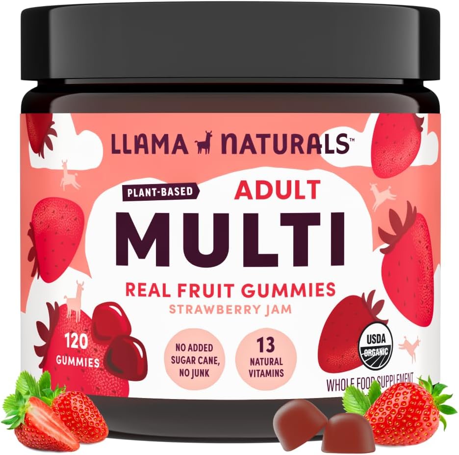 Llama Naturals Multivitamine pentru femei si barbati, Vegani, Gume organice cu vitamina D, C & K, Adulti Vitamine Guma de fructe reale, Supliment multivitamine mestecabile, Nu se adauga trestie de zahar, capsuni, 120 Ct