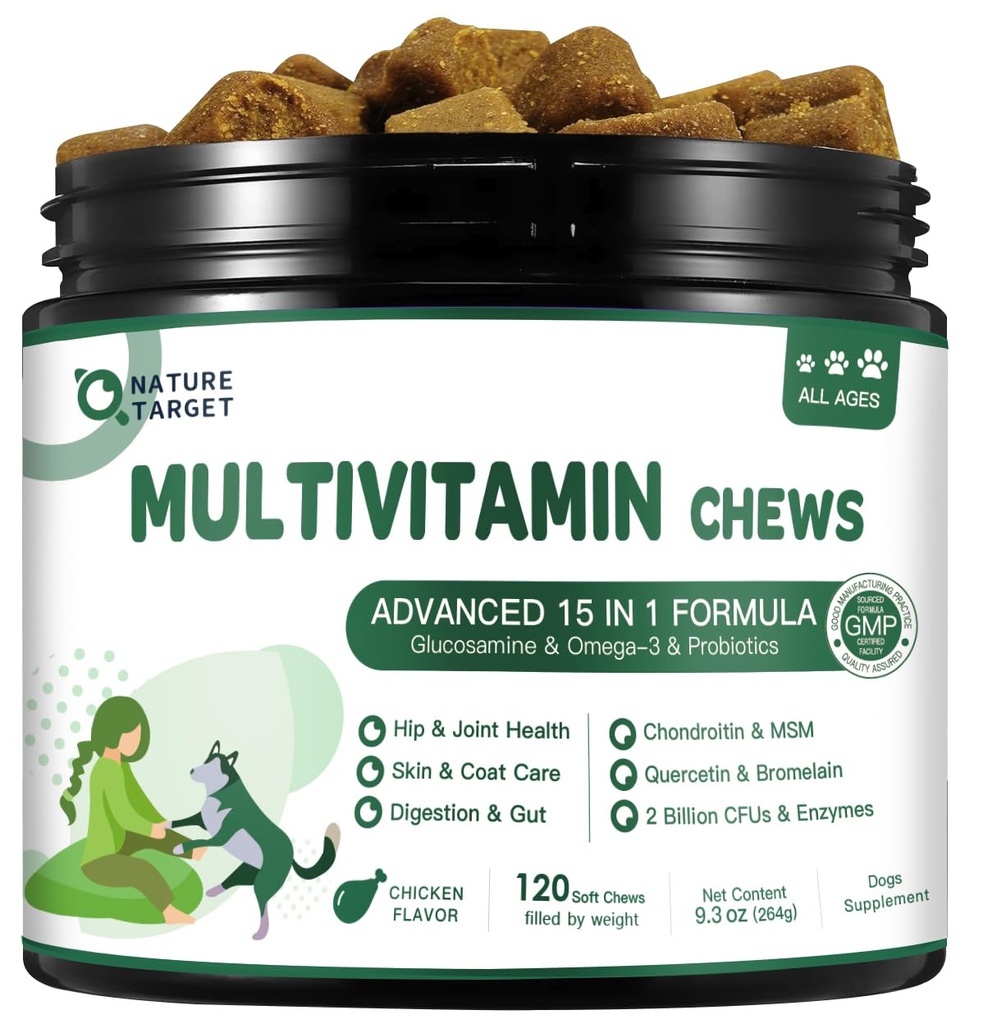 NATURĂ ŢINTĂ Multivitamine pentru câini - cu MSM & Glucosamină, Omegas 3 & 6, Probiotice pentru sănătate digestivă, suport comun, Skin & Coat, Sistem imunitar & Sănătate generală 120 Chews moi