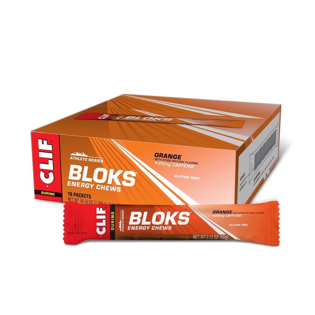 CLIF BLOKS - Orange Flavor with Caffeine - Energy Chews - Non-GMO - Plant based - Fast Fuel for Cycling and Running - Quick Carbohidrats and Electrolytes - 2.12 oz. (18 Conte)
