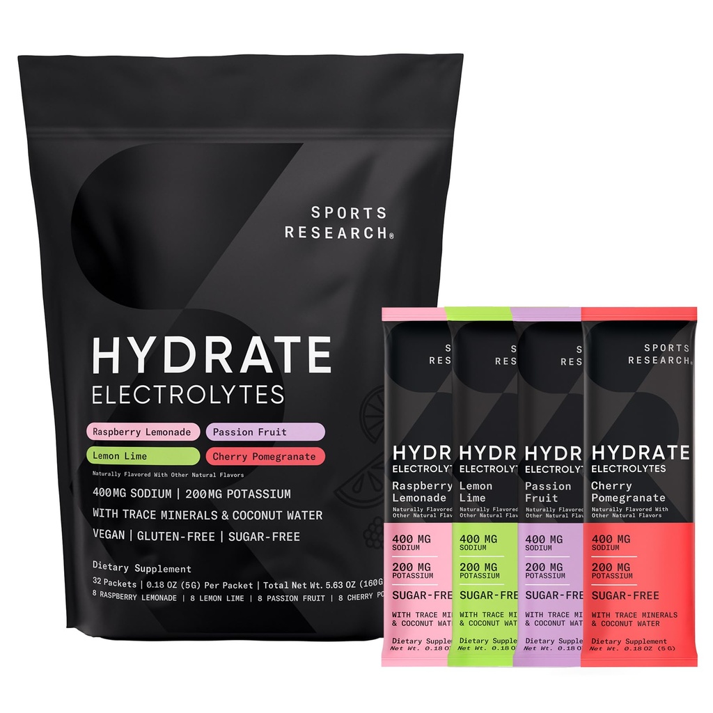 Sport Research® Hydrate Electrolytes Powder Packets - Sugar-Free & natural arovărate cu vitamine, minerale și apă de nucă de cocos - Sprijină Hidratare - 32 Pachete - Pachete de soiuri