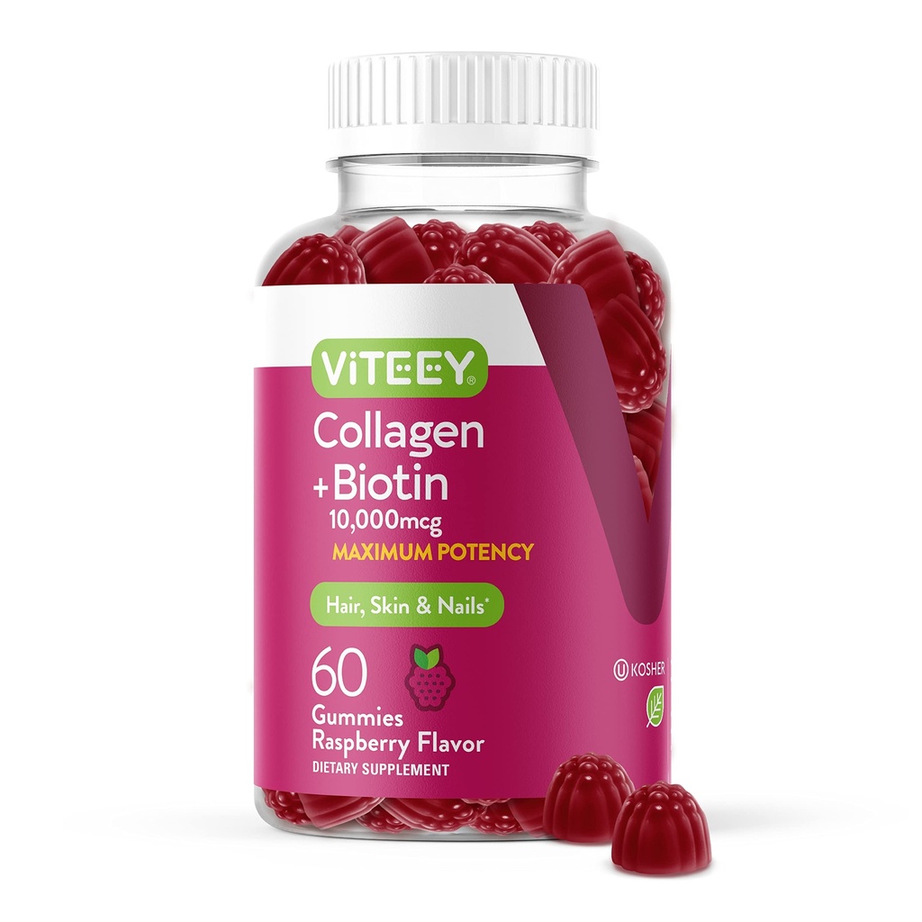 Viteey Colagen Gummies cu Gume Biotin pentru piele de par si unghii vitamine - Biotina si Colagen Suplimente pentru femei si barbati - Vegan, Gluten-Free 