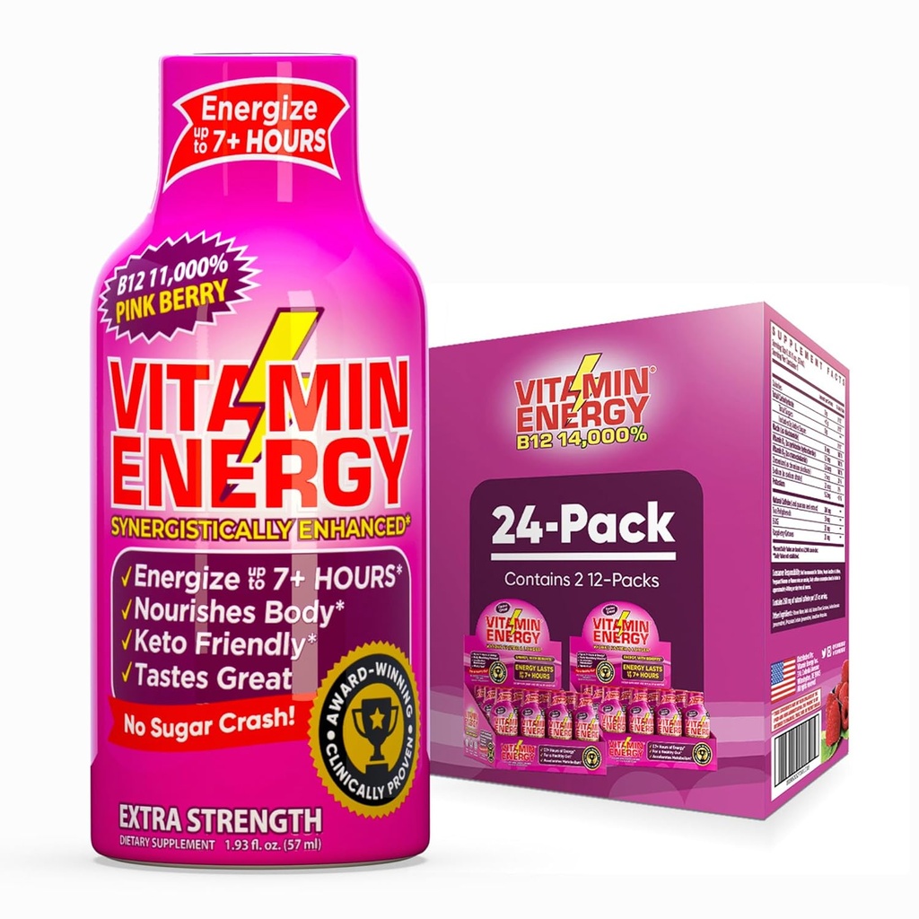 Vitamina Energie B12 11,000% Extra Putere Energie Shot Pink Berry 24 Pack, 260mg Natural Cafeina, B12 & B6, Nootrop Focus, Vitality, Zero Zahăr, Gluten-Free, Vegan, Kosher, 1.93 fl oz