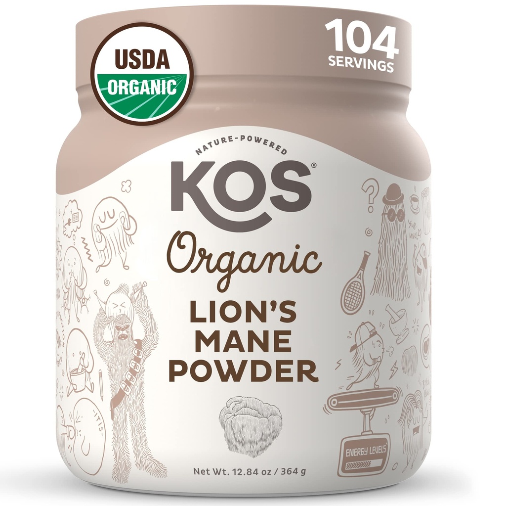 KOS Organic Lion's Mane Powder - Natural Nootropic Superfood - Vegan Functional Mushroom, Plant based, USDA Certified, Non-GMO, Soy & Gluten-Free - 104 Servings